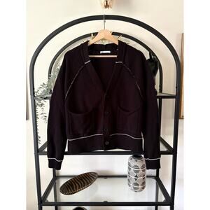 Zara Womens Medium Black Contrast Trim Knit Cardigan Button Front Sweater